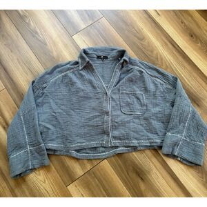 7 For All Mankind Women's Blue Cropped Waffle Cotton Shirt Size Medium